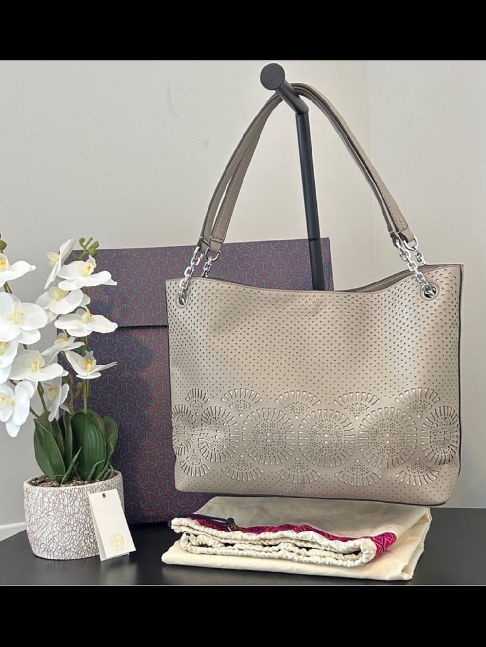 Tory Burch Perforated Leather Shoulder Tote in Taupe